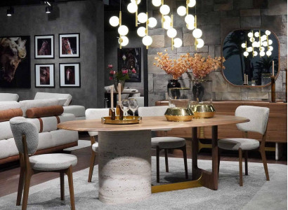 5-piece dining room set design. Modern furniture, wooden table, 4 chairs, new set.